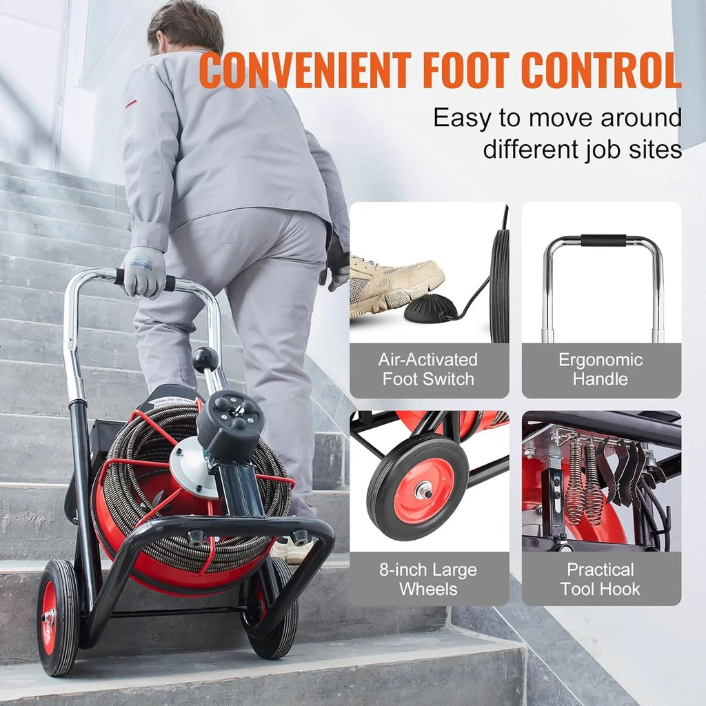 Drain Cleaner Machine 100FT x 1/2 Inch, Auto Feed Sewer Snake Auger on Wheels, 550W Portable Drain Cleaning Machine with 8 Cutters & Air-activated Foot for 2" to 4" Pipes - image 9