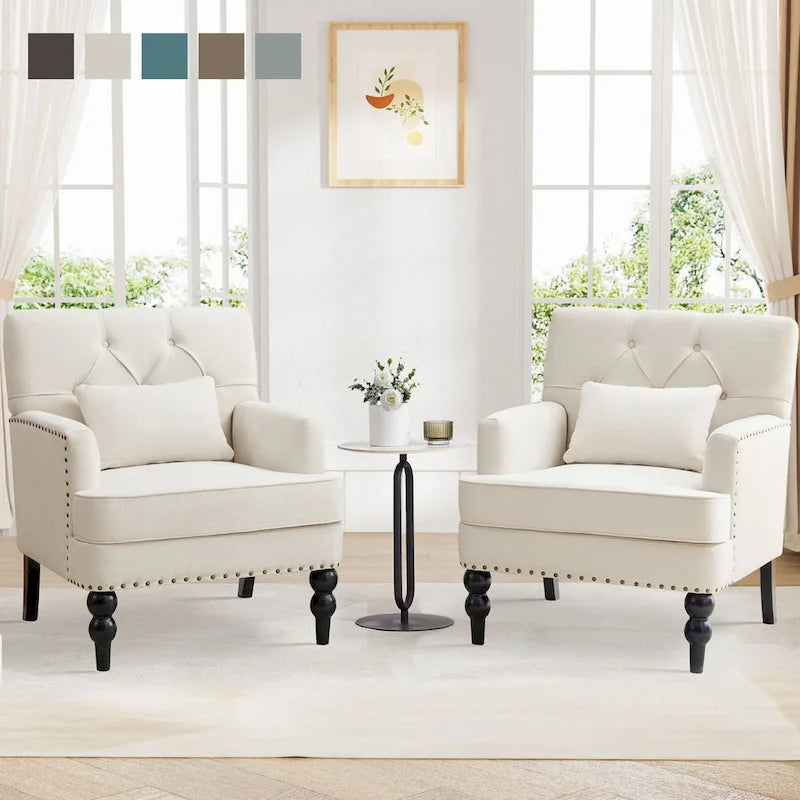 Set of 2 Arm Chair Upholstered Button Tufted Accent Chair with Lumbar Pillow Beige/ Grey/ Light Blue - image 1