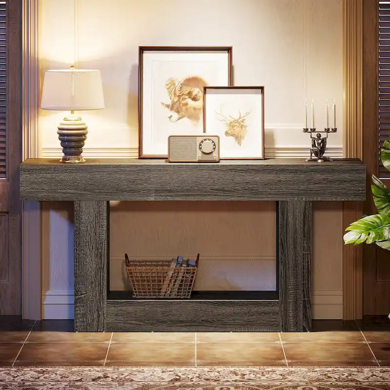 63-Inch Brown and Gray Slim Wooden Console Table for Entryway - image 28
