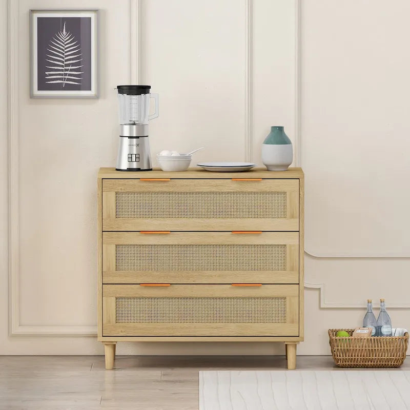 Oak Storage Cabinet with 3 Rattan Drawers - Dimensions: 31.5L x 15.55W x 30.12H - image 6