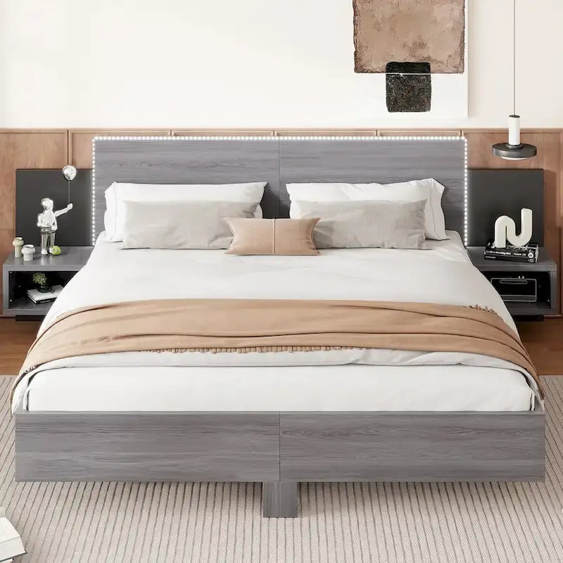 Modern King Size Wooden Floating Bed Frame with Nightstand and LED - Slatted Support Design - image 15