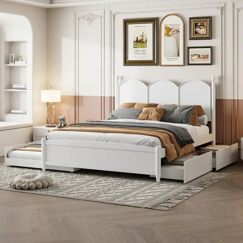 Queen Size Platform Bed with Vintage Headboard - Multifunctional Storage Frame Featuring Twin XL Trundle & 2 Drawers - image 1