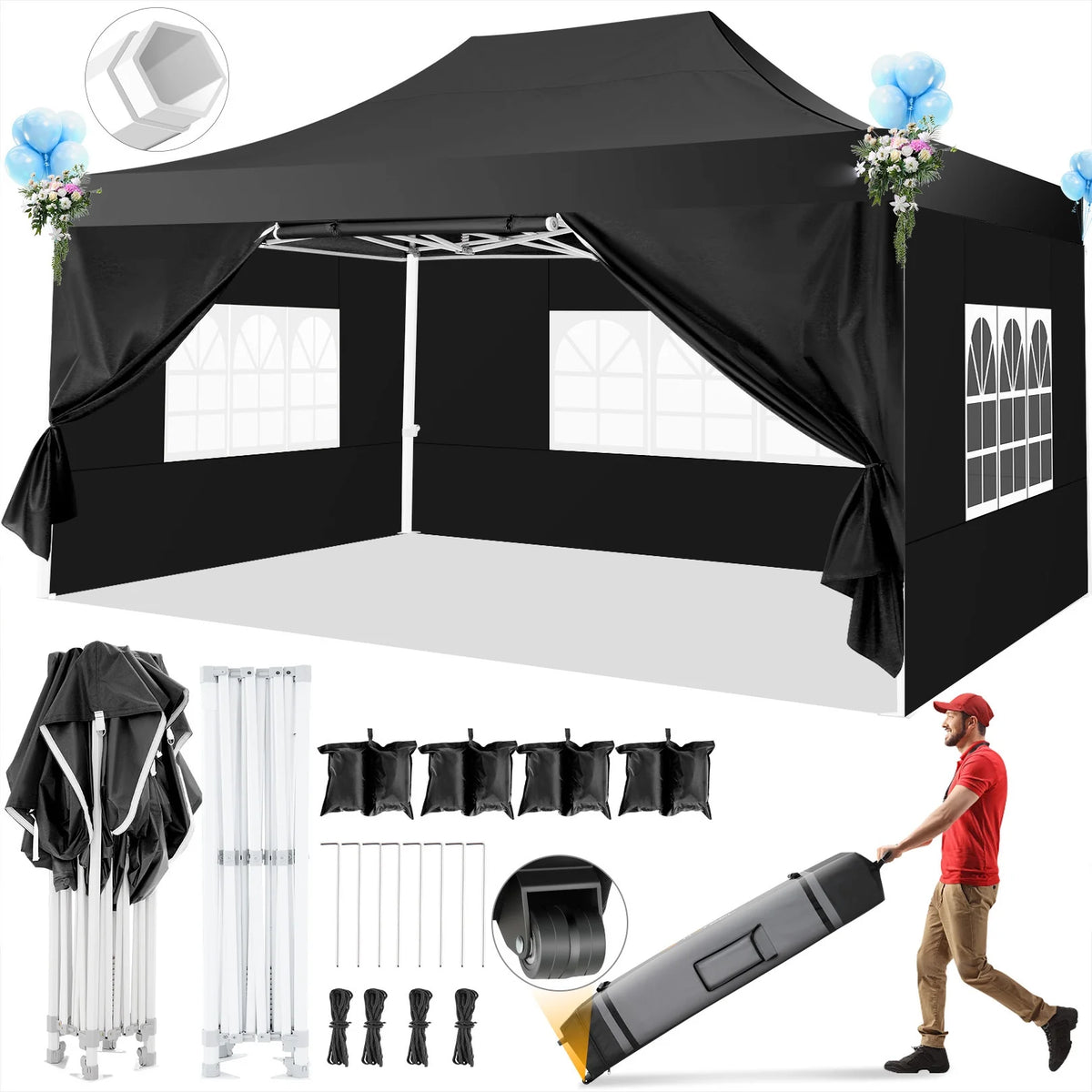 Hoteel 10x15 Heavy Duty Canopy Tent with 4 Sidewalls,Pop up Canopy for Parties Wedding,Commercial Easy up Gazebo with Roller Bag,UV 50+ &,Black - image 14