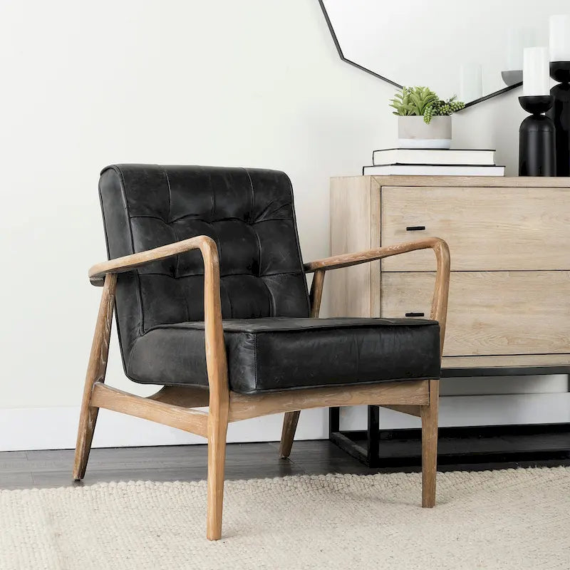 Phineas Black Genuine Leather Accent Chair with Brown Solid Wood Frame - image 1
