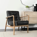 Phineas Black Genuine Leather Accent Chair with Brown Solid Wood Frame - image 1