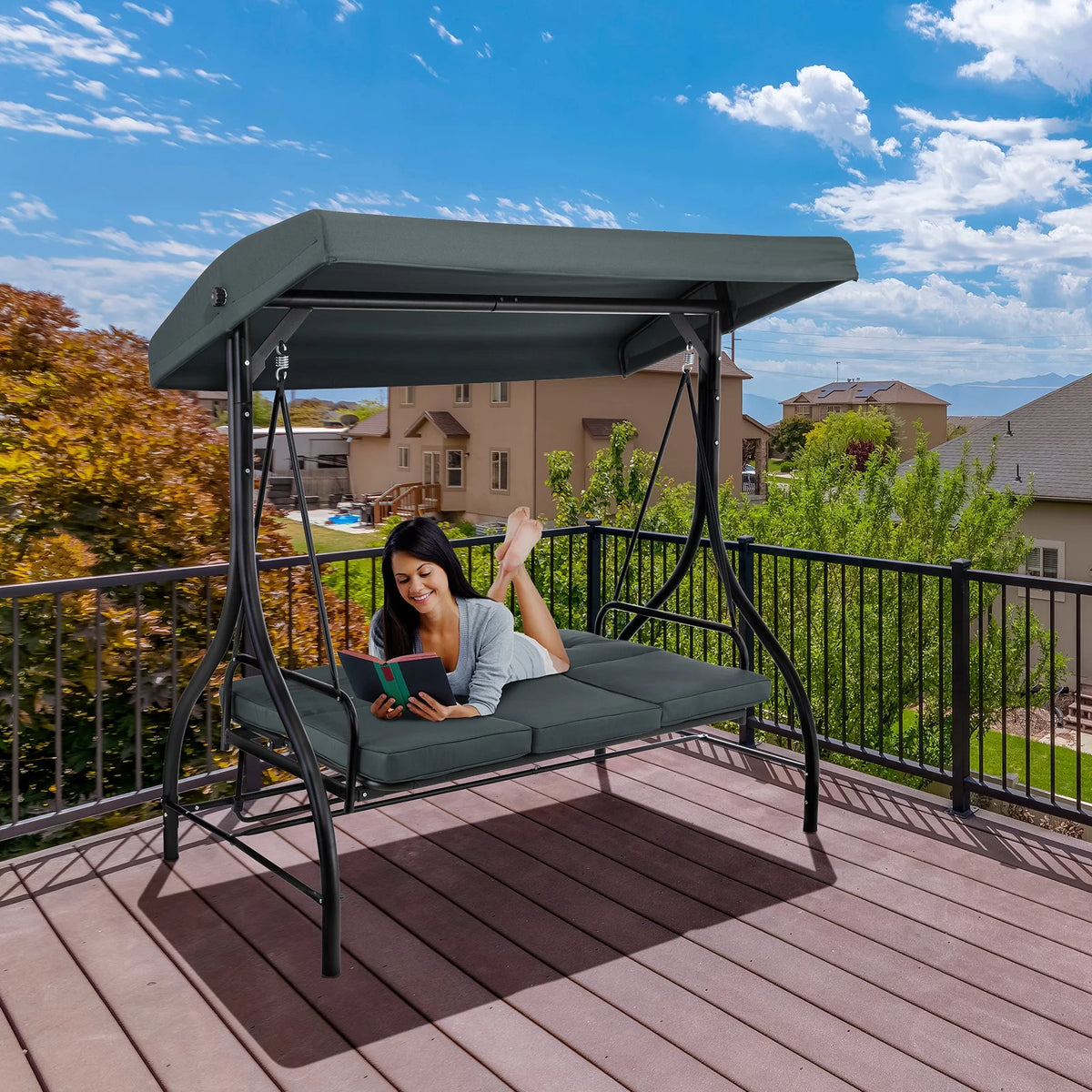 Pirecart 3 Person Patio Porch Swing Outdoor Converting Swing Glider Hammock with Adjustable Canopy, Cushions, Red - image 25