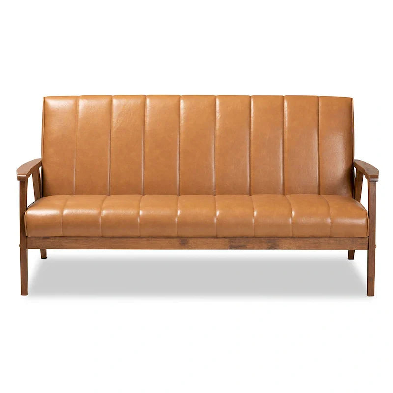 Nikko Tan Faux Leather Sofa with Walnut-Finished Wood Accents - image 4