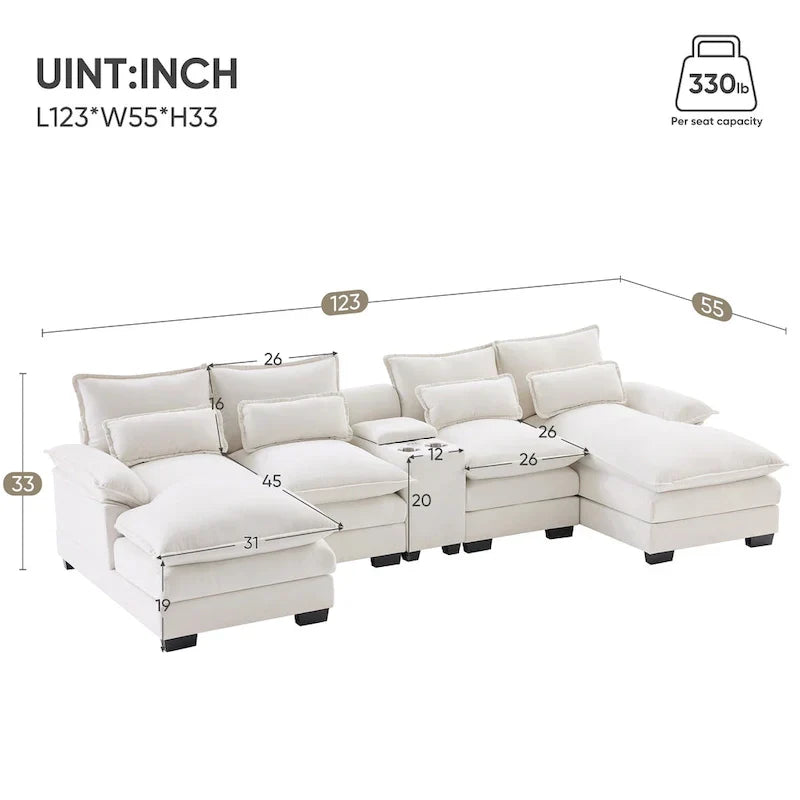 123*55 Contemporary U-Shaped Sofa with Console, Cup Holders, USB Ports, Upholstered Sleeper Couch Set with Chaise - image 14