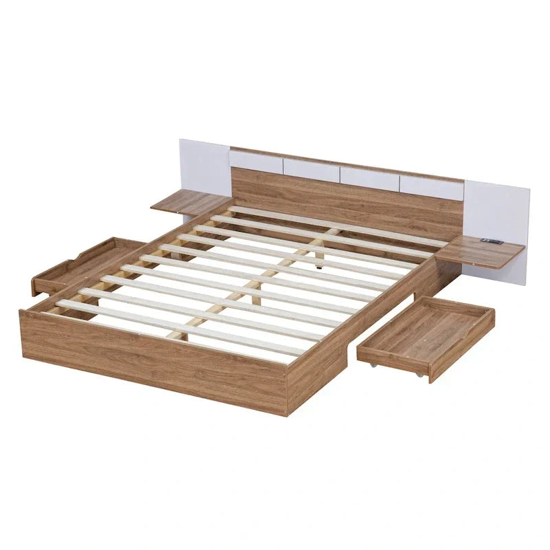 Natural Queen Size Platform Bed with Headboard, Storage Drawers, Shelves, USB Ports, and Outlets - image 12