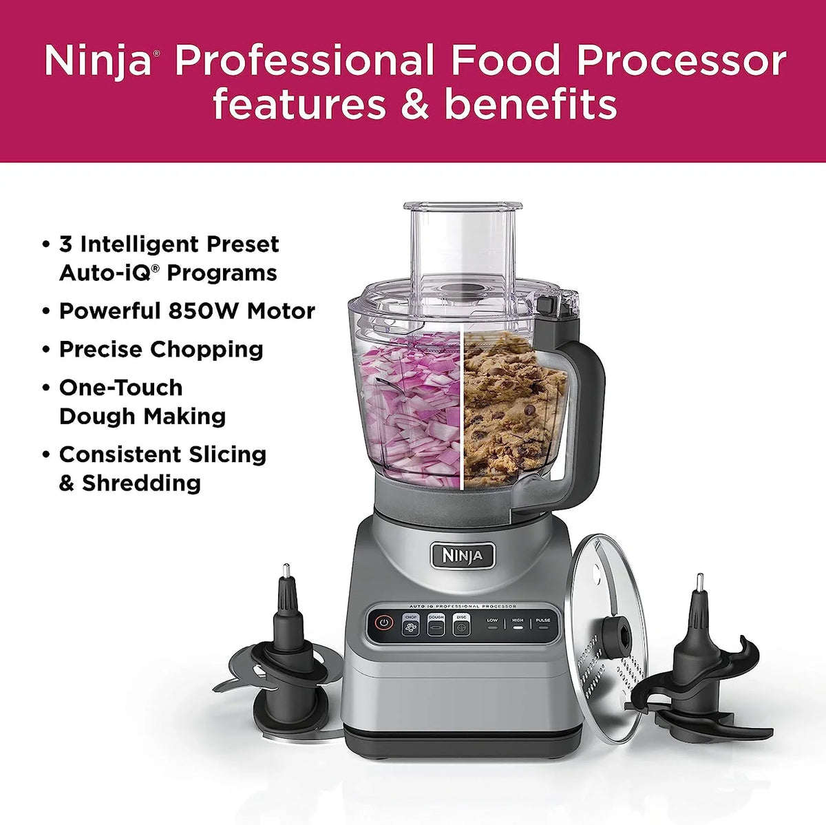 Restored Ninja BN600 Professional Plus Food Processor, 850 Watts, 3 Functions for Chopping, Slicing & Dough with 9-Cup Processor Bowl, 3 Blades, Food Chute & Pusher, Silver (Refurbished) - image 3