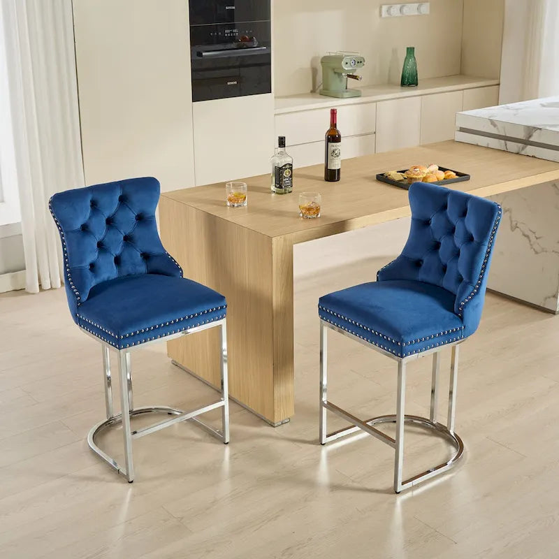 Contemporary Set of 2 Bar Stools with Button-Tufted Back and Studded Trim, Chrome Metal Base - Ideal for Dining Room, Living Room, and Bedroom - image 22