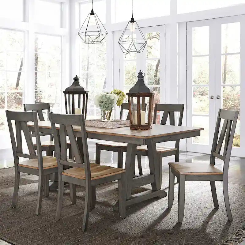 Lindsey Farm 7-Piece Trestle Table Set in Gray and Sandstone - image 1