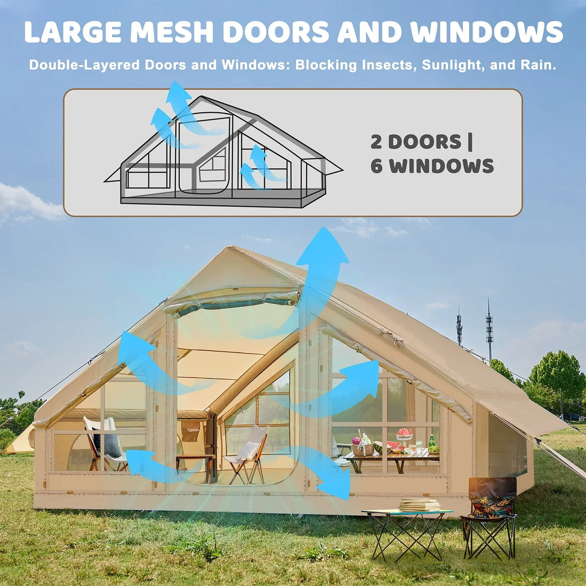 6 Person Inflatable Camping Tent with Pump, 10ft x7ft Glamping Family Tent Easy Setup 4 Season Waterproof Windproof Outdoor Blow Up Tent Luxury Oxford Cabin with Mesh Windows & Doors  sgtnighsdesigns - image 4