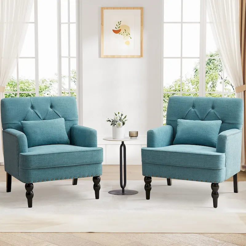 Set of 2 Arm Chair Upholstered Button Tufted Accent Chair with Lumbar Pillow Beige/ Grey/ Light Blue - image 10