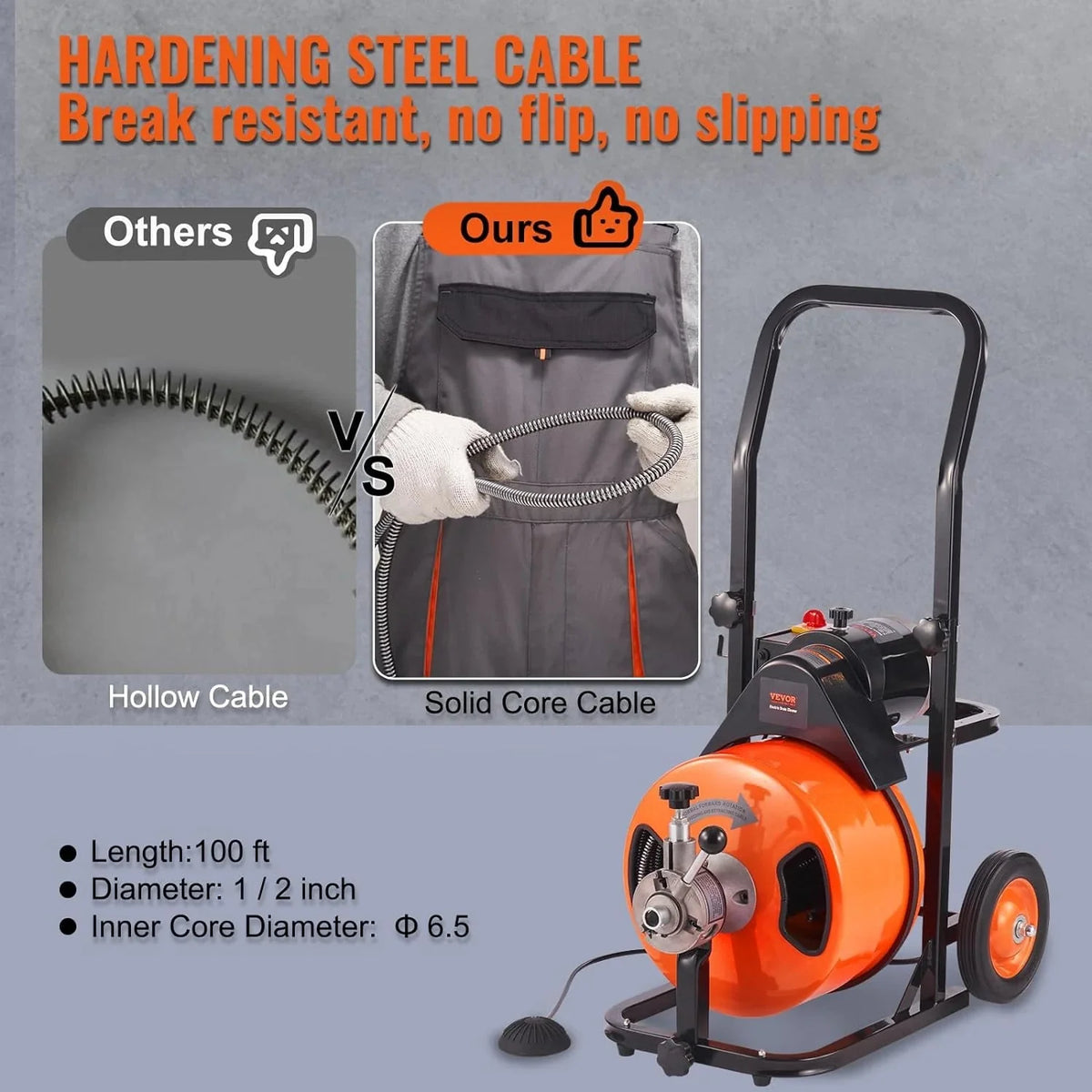 Drain Cleaner Machine 100FT x 1/2Inch, Auto Feed Sewer Snake Auger with 4 Cutter & Air-activated Foot Switch for 1" to 4" Pipes, Orange, Black - image 3