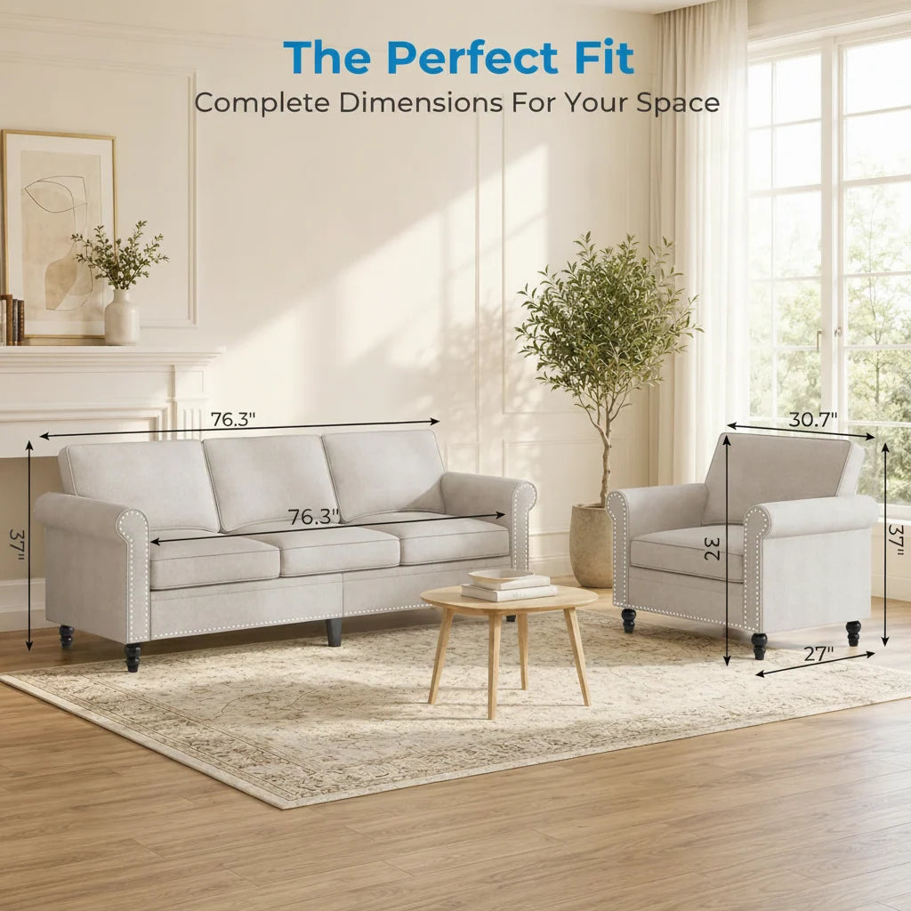 Beige Linen Sofa Set With Nailhead Trim Design - image 2