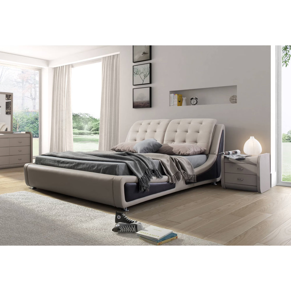 Olivia Contemporary Button Tufted Faux Leather Platform Bed, Beige/Brown, Queen - image 1