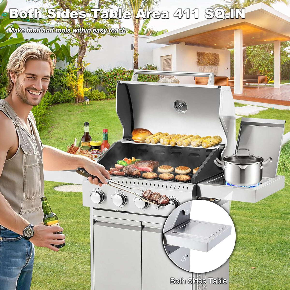 Upgraded 4 Burner BBQ Propane Gas Grill with Cast Iron Grates & Side Stove, 44,000 BTU Stainless Steel Burner Barbecue Grill for Patio, Camping, Outdoor Cooking. - image 41