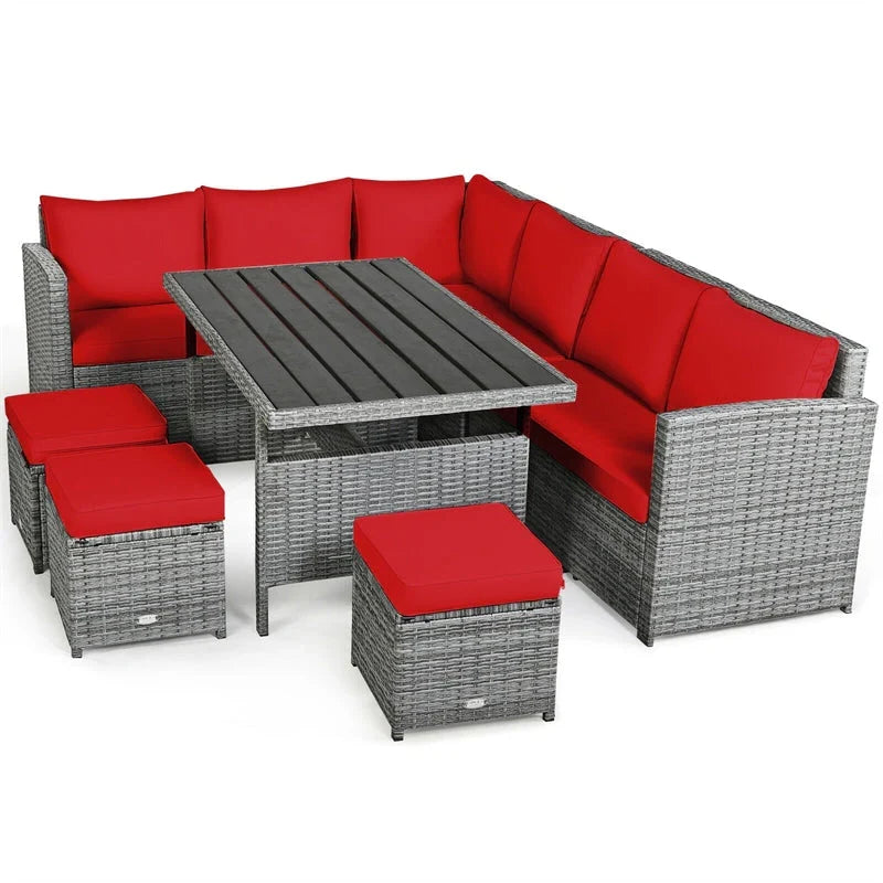 7 Pcs Rattan Patio Dining Furniture Sectional Sofa Set with Dining Table, Ottomans & Cushions - image 15