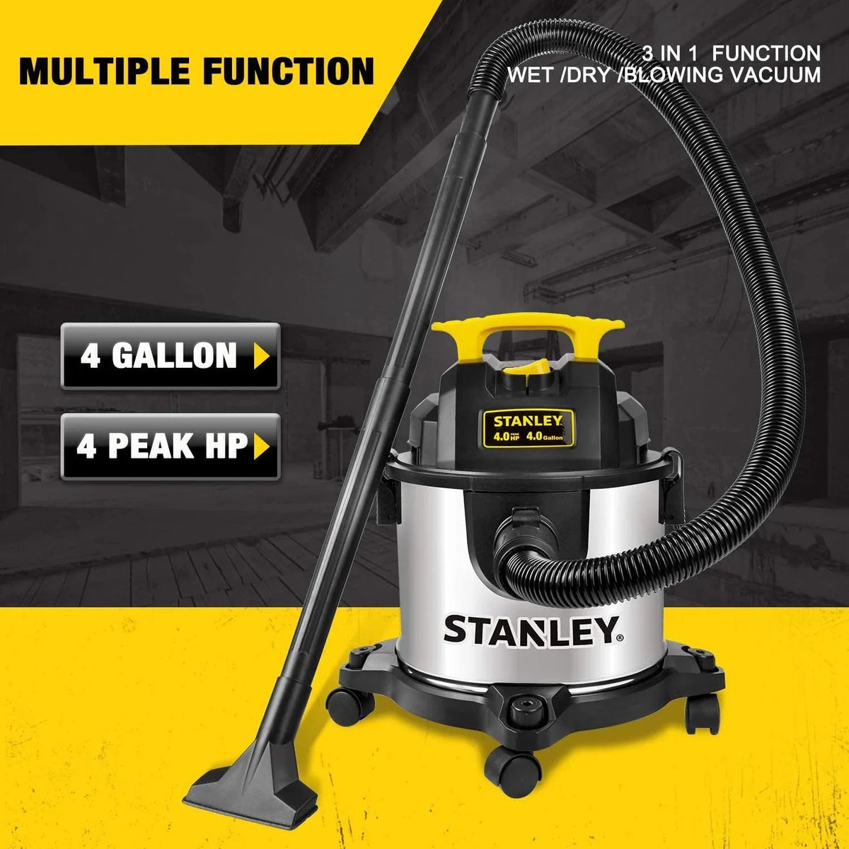 4 Gallon Wet Dry Vacuum, 4 Peak HP Stainless Steel 3 in 1 Shop Vacuum Blower with Powerful Suction, Vacuum for Job Site, Garage, Basement, Workshop - image 4