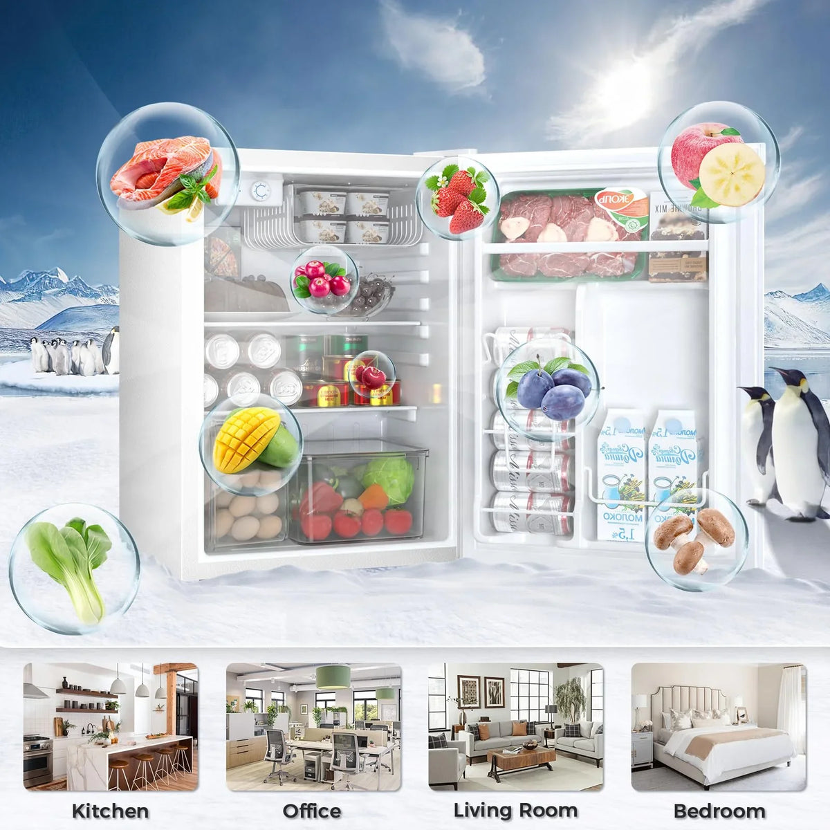 FREE VILLAGE 3.2 Cu.Ft. Mini Fridge with Freezer, Small Refrigerators with Adjustable Thermostat, Low Noise, Energy Saving, Compact Refrigerators for College Dorm, Office, Bedroom, Apartment, White - image 7
