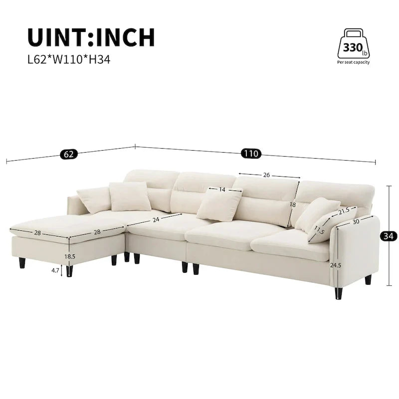 110-Inch L-Shaped 5-Seater Sectional Sofa with Removable Ottoman, Cloud Chenille Fabric, and 5 Cushions - image 3