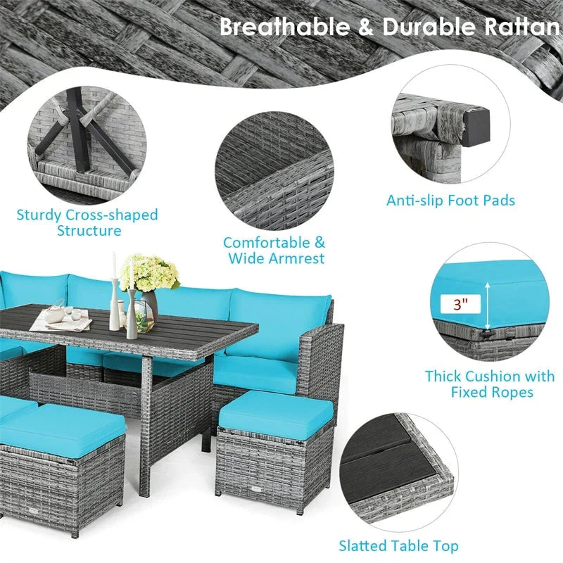 7 Pcs Rattan Patio Dining Furniture Sectional Sofa Set with Dining Table, Ottomans & Cushions - image 42