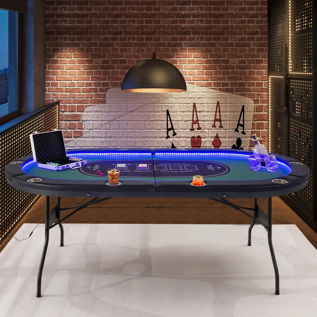 Costway Foldable, USB Ports, LED Lights 10 Player Poker Table, Blue/Black - image 12