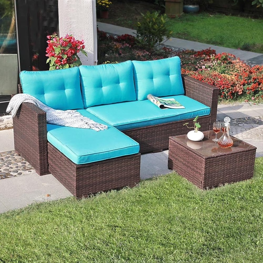 JOIVI 3 Pieces Patio Conversation Set, PE Wicker Rattan Outdoor Furniture Set, 2 Ways Small Sectional Sofa, Tempered Glass Coffee Table, Silver-Gray - image 9
