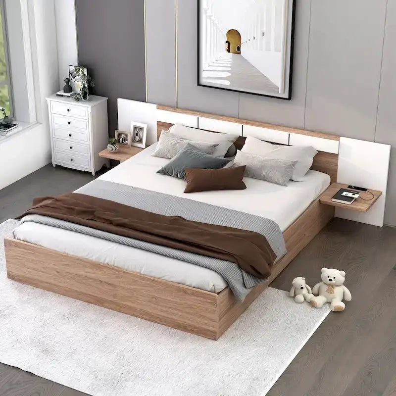 Natural Queen Size Platform Bed with Headboard, Storage Drawers, Shelves, USB Ports, and Outlets - image 4
