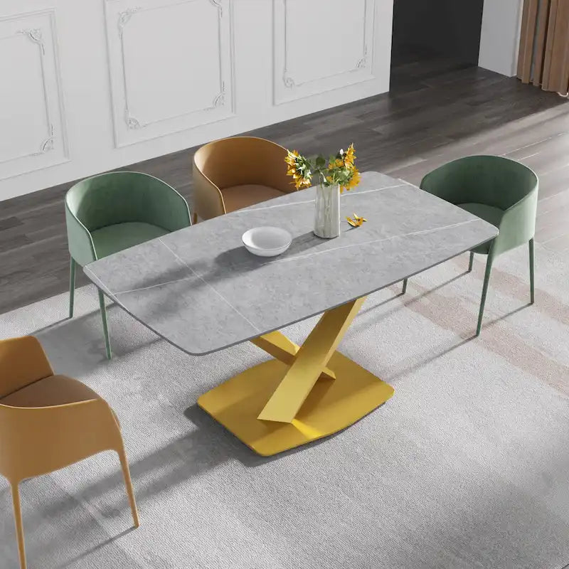 63-Inch Contemporary Dining Table with Slate Stone Surface and Metal Legs, Marble Finish - image 11